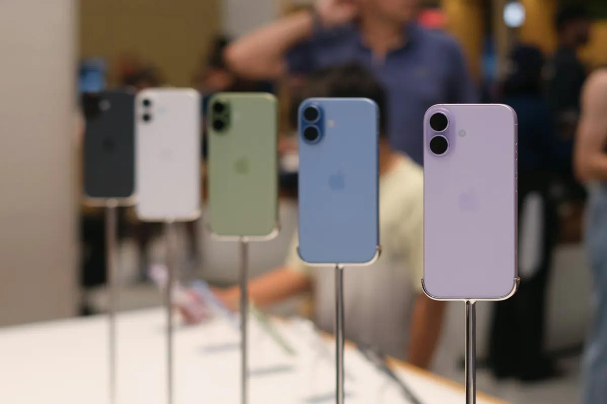 iPhones de várias cores expostos em suportes na vitrine